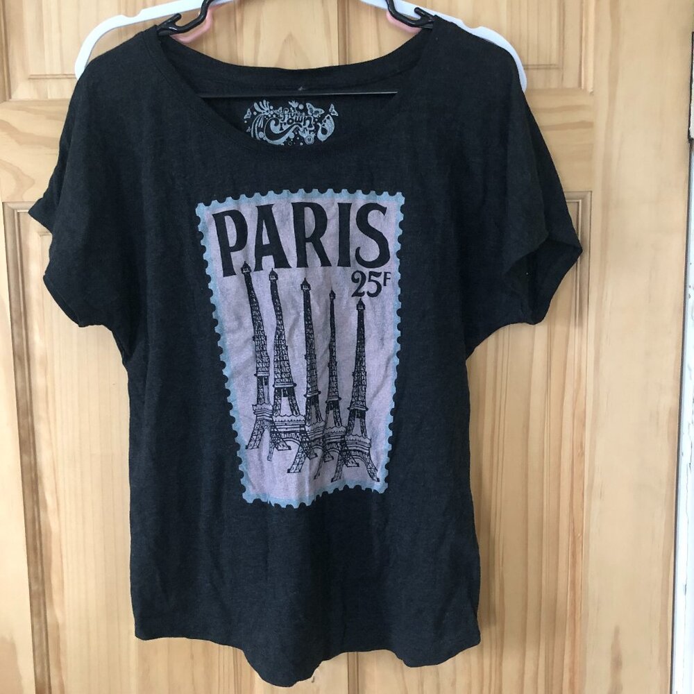 Paris Eiffel Tower Postage Stamp Short Sleeve Graphic Tee - Women’s Sz M